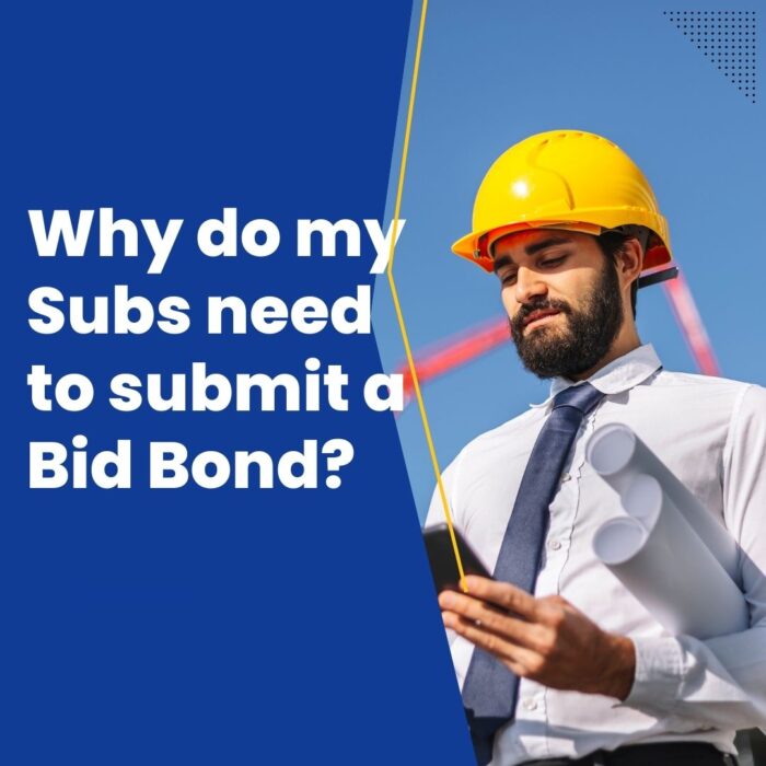 Why do my Subs need to submit a Bid Bond? - A subcontractor wearing his yellow hard hat, holding a blueprint while texting.